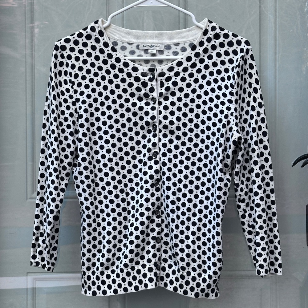 Banana Republic Polka Dot Cardigan Sweater, white & black, 3/4 sleeves, size M